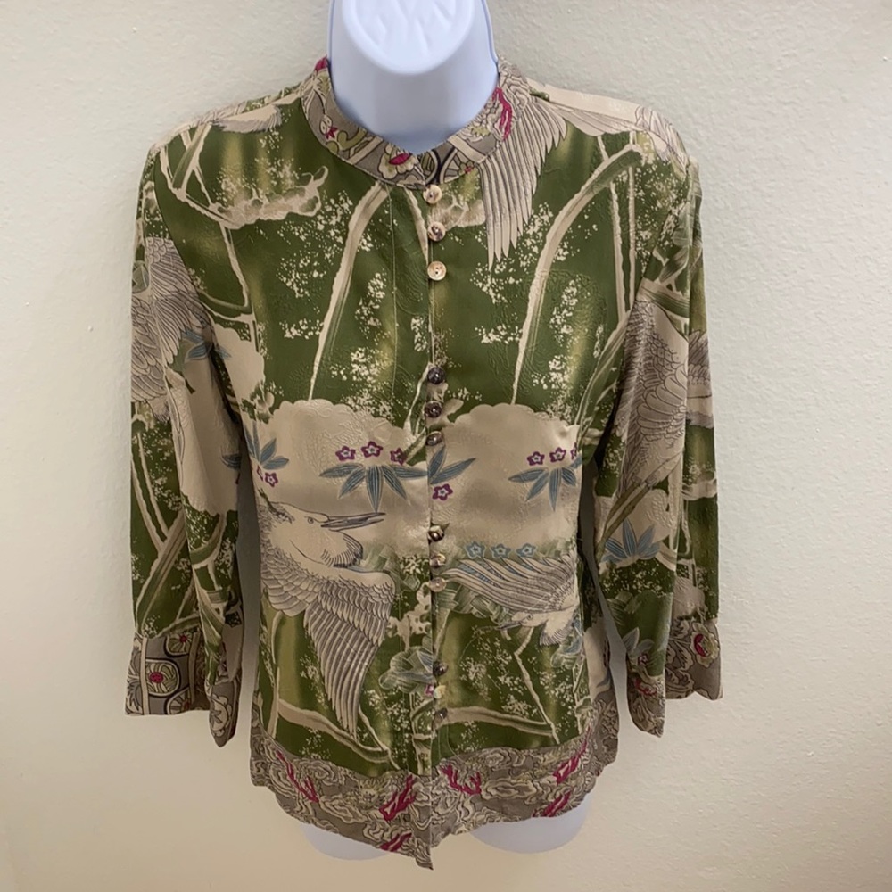 Citron Silk Green Tan Button Down Shirt S